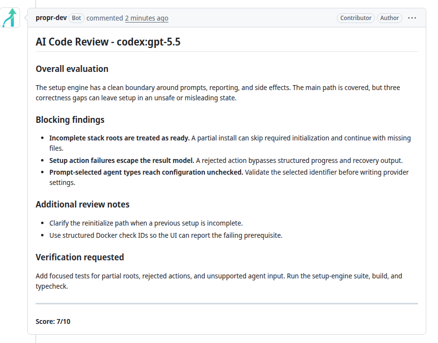 A detailed ProPR AI review on public pull request 1613 with an overall evaluation, findings, score 7 out of 10, and review details.