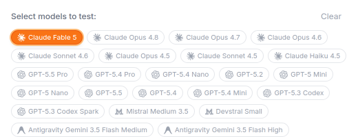 The ProPR agent playground model picker with Claude, Codex, Mistral, Antigravity, and OpenCode model chips selectable for side-by-side tests.